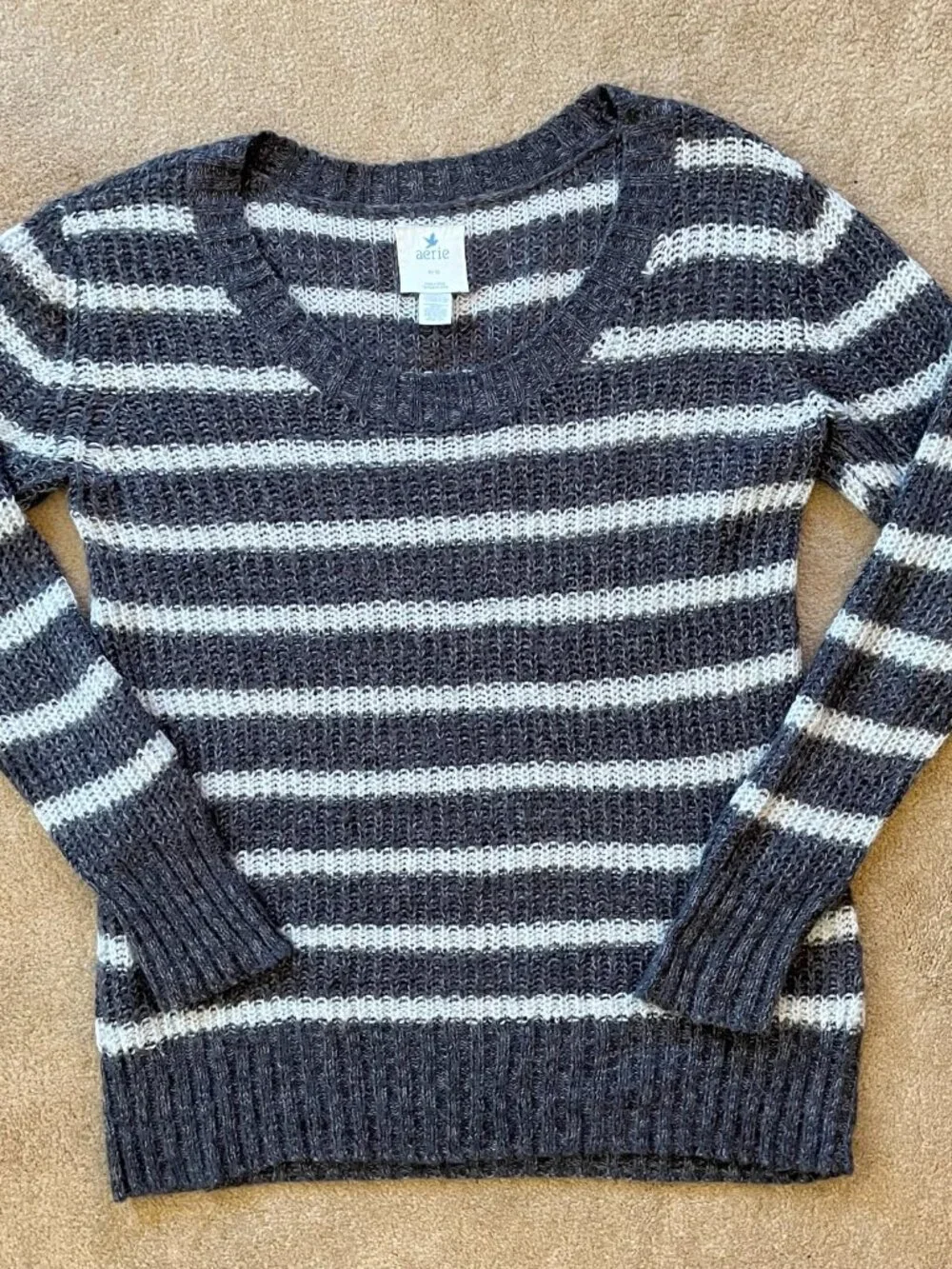 Aerie Women's Gray White Striped Loose Knit Sweater Size XL Y2K Wool Mohair